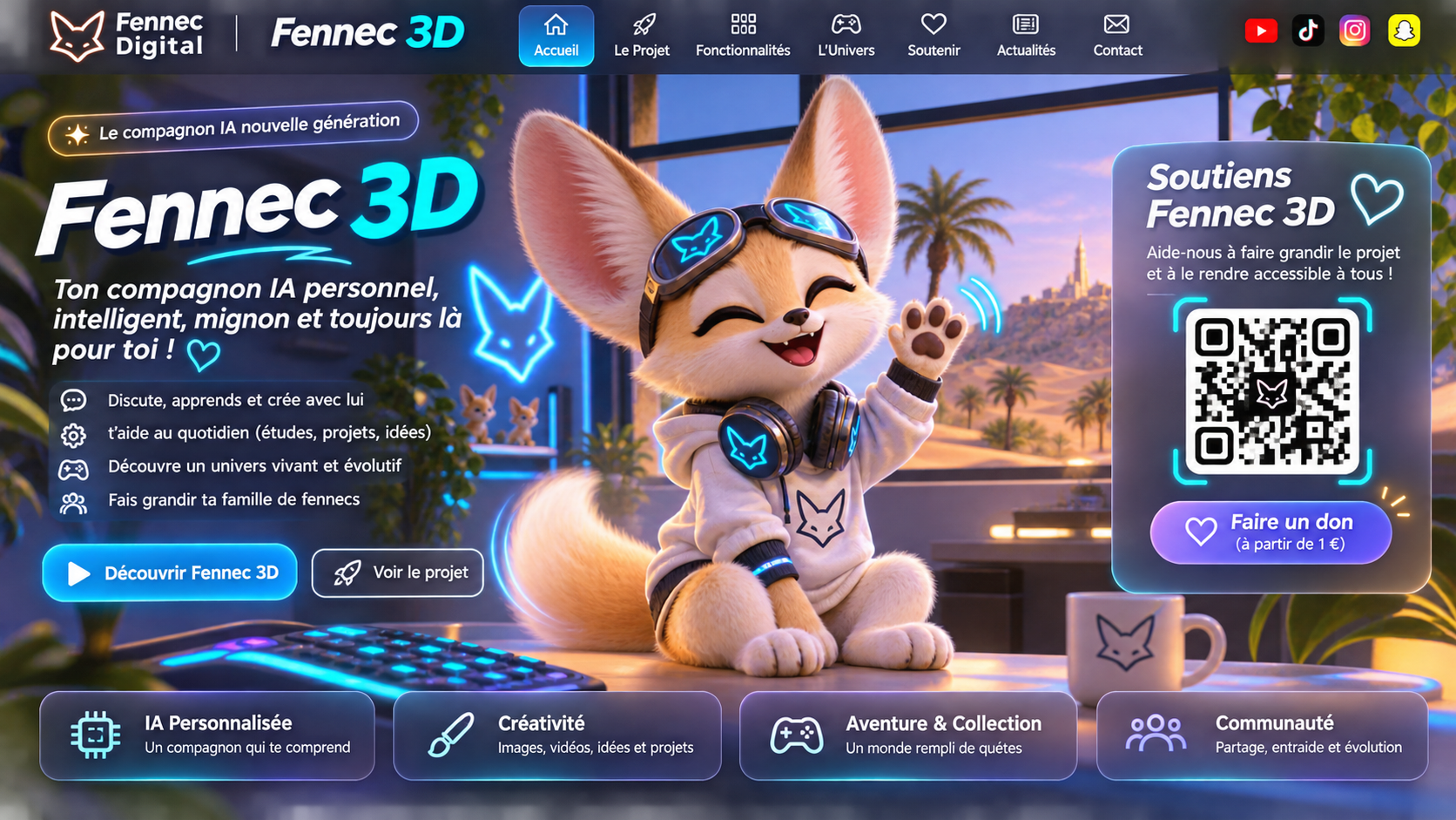Maquette Fennec 3D approuvée : un petit fennec en casque qui fait coucou. Les éléments du projet sont encore en conception.