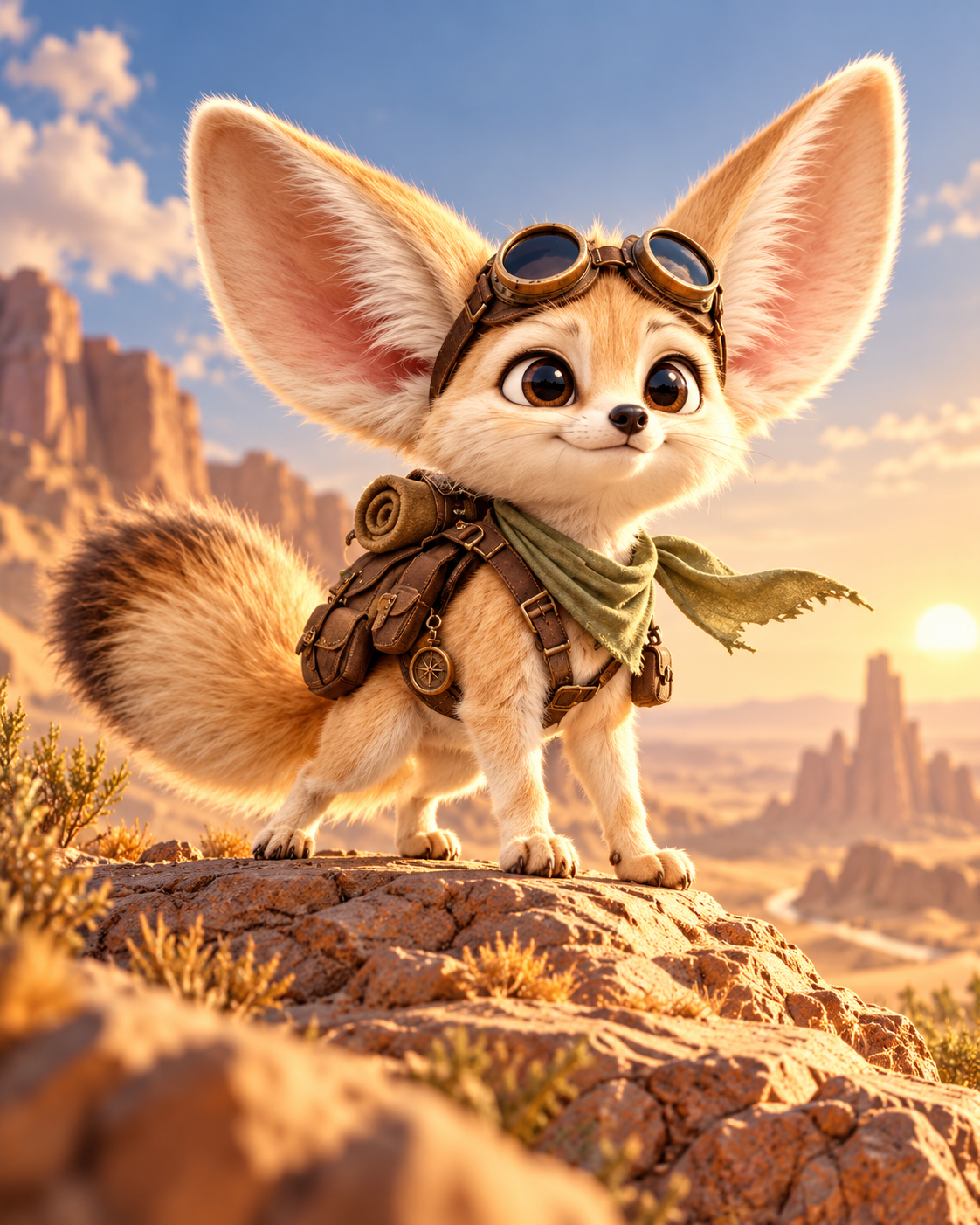 Illustration conceptuelle d'un petit fennec aventurier avec son foulard et son sac à dos